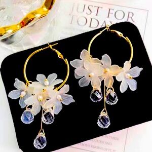 White Acrylic Flower with small Pearl Handmade Women's Long Earrings